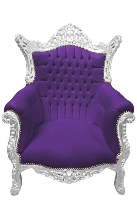 Grand fauteuil Baroque rococo velours mauve et bois argenté - 1