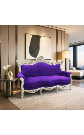 Baroque Rococo 3 seater purple velvet and silver wood - 2