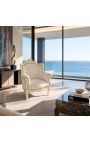 Sillón "príncipe" Estilo barroco beige terciopelo y beige madera patinada - 4