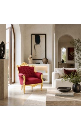 Sessel "fürst" Barock Stil rot Burgunder Samt und Gold Holz - 2