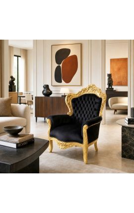 Gran sillón de estilo barroco con tela de terciopelo negro y madera dorada - 2
