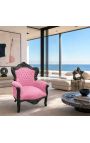 Fotoliu mare stil baroc din catifea roz si lemn lacuit negru