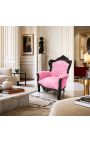 Grand fauteuil de style baroque velours rose et bois laqué noir
