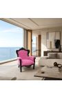 Gran sillón de estilo barroco en terciopelo rosa y madera lacada en negro