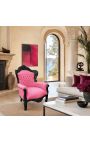 Grand fauteuil de style baroque velours rose et bois laqué noir