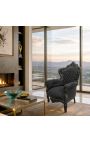 Big baroque style armchair black velvet and black lacquered wood - 6