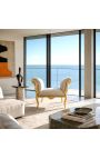 Barroco Louis XV banco beige tela terciopelo y madera de oro - 5
