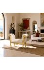Banquette baroque de style Louis XV tissu velours beige et bois doré - 4