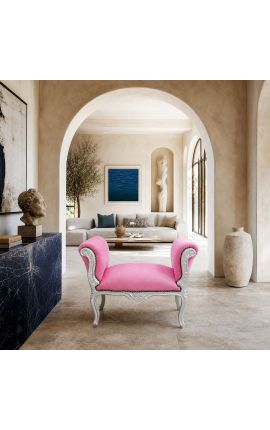 Barroco Louis XV Banco rosa tecido de veludo e madeira de prata - 2
