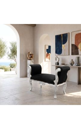 Baroka Louis XV Bench melns samta audums un sudraba koksne - 2
