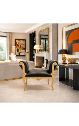 Banquette baroque de style Louis XV tissu simili cuir noir et bois doré - 2