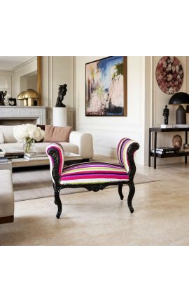 Barocco Louis XV panca a strisce multicolore tessuto e legno nero - 2