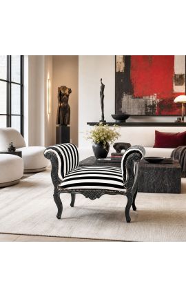 Banquette baroque de style Louis XV tissu rayé noir et blanc et bois laqué noir - 2