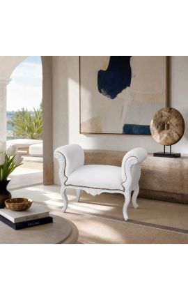 Μπαρόκ πάγκος Louis XV από ψεύτικο δέρμα λευκό και λευκό λακαρισμένο ξύλο - 2