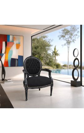 Sillón barroco Louis XVI Venta de terciopelo negro y madera negra. - 2