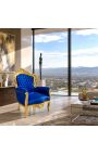 Butaca gran d'estil barroc de tela de vellut blau i fusta daurada - 8
