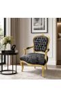 Fauteuil Louis XV de style baroque tissu satiné noir aux motifs "Gobelins" et bois doré - 9