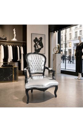 Fotoliu baroc Louis XV Stil din piele de argint și lemn negru - 2