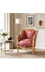 Gran sillón de bergere Louis XV estilo rojo Gobelins tela satine y madera de oro - 9