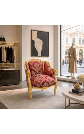 Stor bergere armstole Louis XV stil rød "Goblins" satin og guldtræ - 2