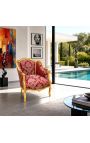 Gran sillón de bergere Louis XV estilo rojo Gobelins tela satine y madera de oro - 11