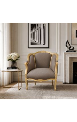 Sillón de Bergere Louis XV estilo taupe terciopelo y madera de oro - 2
