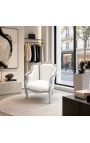 Large bergere armchair Louis XV style white leatherette and silver wood - 8