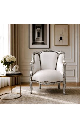 Mare fotoliu mare de bergere Louis XV stil alb din piele albă și lemn de argint - 2