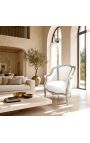 Large bergere armchair Louis XV style white leatherette and silver wood - 7