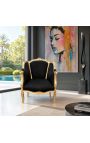 Large bergère armchair Louis XV style black velvet and gold wood - 9
