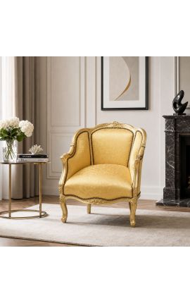 Grande bergère poltrona Louis XV Estilo com tecido de cetim de ouro e madeira de ouro - 2