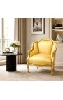 Grande bergère Sillón Louis XV Estilo con tela de satén dorada y madera de oro. - 9
