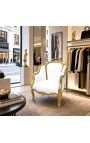 Ampia poltrona Bergere Louis XV Stile in similpelle bianca e legno d'oro - 3