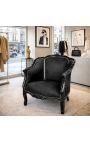 Grande bergère de style Louis XV tissu velours noir et bois noir - 7