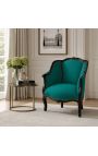 Larga bergère poltrona Louis XV Stile velluto verde e legno nero - 4