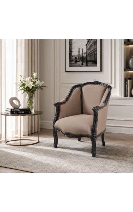 Grande bergère de style Louis XV tissu velours taupe et bois noir - 2