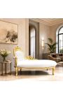 Grande chaise longue barocca in pelle bianca e legno dorato - 11