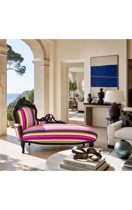 Grande chaise longue barocca di tessuto a strisce multicolore e legno nero - 2
