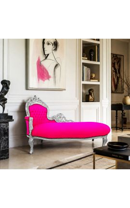 Голям бароков шезлонг фуксия розов кадифен плат и сребристо дърво - 2