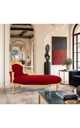 Grande chaise longue barroca em tecido bordô e madeira dourada - 2