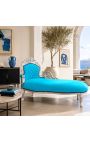 Chaise longue barroca gran de teixit de vellut blau turquesa i fusta platejada - 7