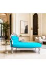 Chaise longue barroca gran de teixit de vellut blau turquesa i fusta platejada - 2