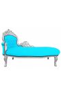 Chaise longue barroca gran de teixit de vellut blau turquesa i fusta platejada