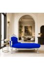 Large baroque chaise longue dark blue velvet fabric and silver wood - 6