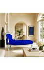 Large baroque chaise longue dark blue velvet fabric and silver wood - 9