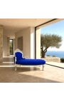 Large baroque chaise longue dark blue velvet fabric and silver wood - 4