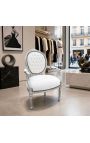 Barokke fauteuil Louis XVI Stijl wit kunstleer en zilver hout - 5