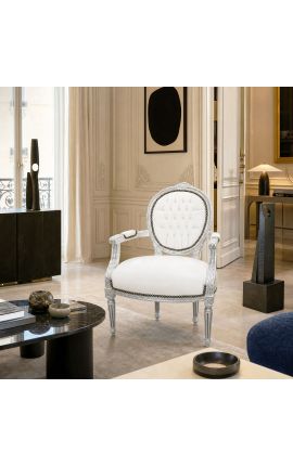 Butaca barroca Louis XVI Estil de pell blanca i fusta de plata - 2