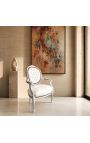 Baroque armchair Louis XVI style white leatherette and silver wood - 11