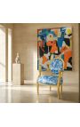 [Edition Limitée] Fauteuil Louis XVI de style baroque tissu toile de Jouy bleu et bois doré - 11